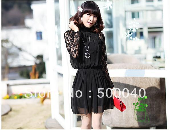 3914 (black) elegance to lotus leaf high collar the chiffon the waist lace sleeves stitching court sense Dress