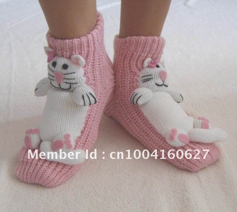 3D 100% Hand-Knitted Socks  Home Socks  -Pink Cat