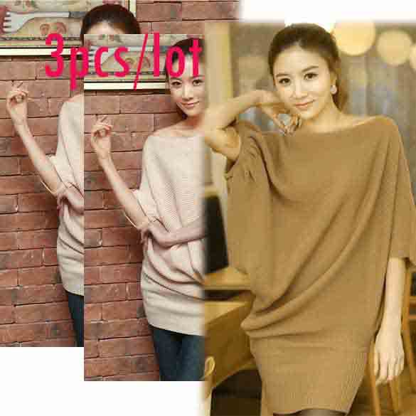 3Pcs/lot 2013 Casual Korea Women's Boat Neck Irregular Batwing Sleeve Knitted Sweater Dress Over Hip 2Colors free shipping 9407