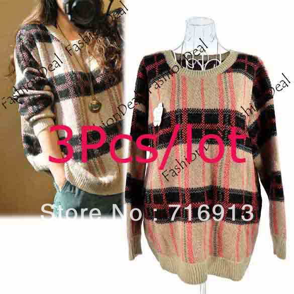 3pcs/lot 2013 Cotton Women's Loose Retro Plaid Thick Knitted Sweater Long Sleeve Cardigan Coat Orange, Pink free shipping 9173