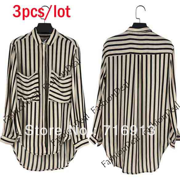 3pcs/lot 2013 New Fashion Women's Black White Stripe Long Sleeve Blouse Chiffon Shirt Tops Free Shipping 11110