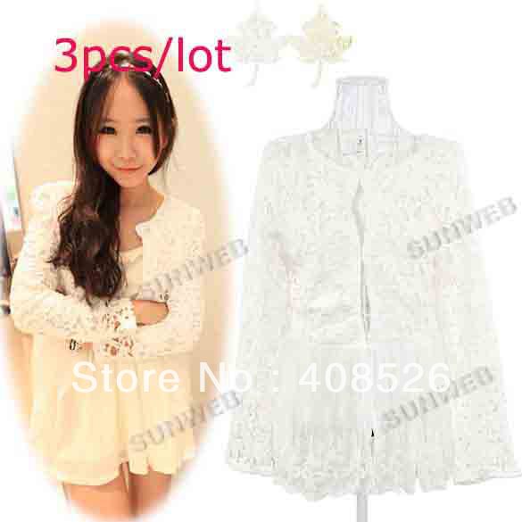 3Pcs/lot 2013 New Women's Ladies Long Sleeve Casual Hollow Out Lace Jacket Blazer Outerwear Short coat Free shipping 9409