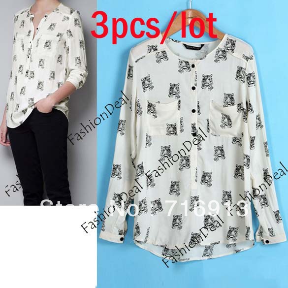 3pcs/lot 2013 Women Ladies Europe Style Tiger Pattern Print Long Sleeve Chiffon Blouse Shirt Top Free Shipping 11113