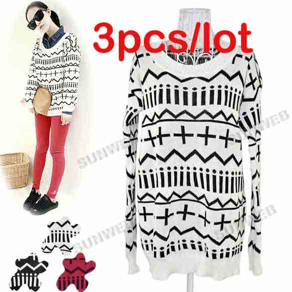 3Pcs/lot Autumn Fashionable Sign Pattern Loose Long Sleeve sweater Knitting Tops Blouse Black/ White/ Red free shipping 8093