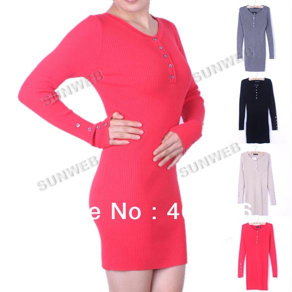 3pcs/lot Casual Cotton Women's Round Neck Long Sleeve Slim knitted Sweater Dress Pullovers Jumper 4 colors free shipping 9223