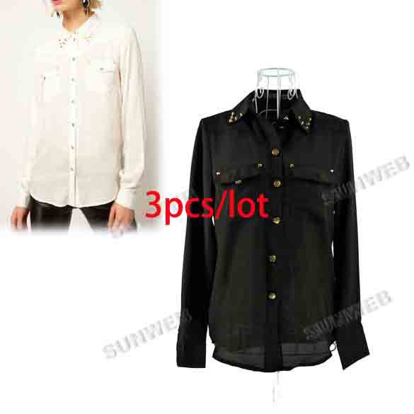 3pcs/lot Europe Punk Women's Long Sleeve Turn-down Collar Rivet Chiffon Shirt Blouse Black, White free shipping 11123