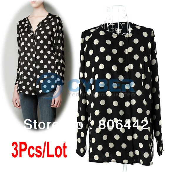 3Pcs/Lot Fashion Lady Women's Elegant Round Neck Long Sleeve Shirt Big Dot Chiffon Blouse Tops 3Sizes Free Shipping 11105