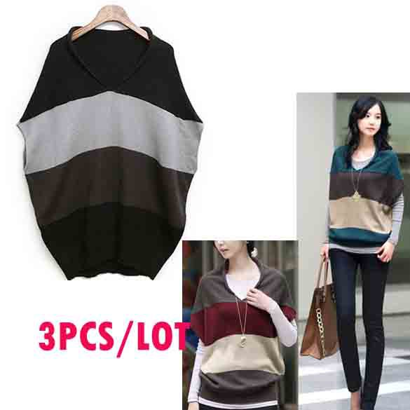 3pcs/lot Fashion trendy Cozy women's ladies clothes Tops Tees T shirt Knitwear Sweater stripe batwing sweater Free Shipping 7423