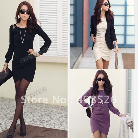 3pcs/lot Fashion Women's Slim OL Fit Round Neck Long Sleeve Dress Rivet Decoration Mini Black Beige,Purple 7985