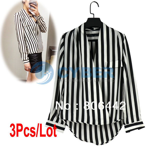 3Pcs/Lot Fashion Womens' Sexy Classic Striped Blouse Deep V Neck Elegant Slim Chiffon Shirt Designer Tops Free Shipping 11109