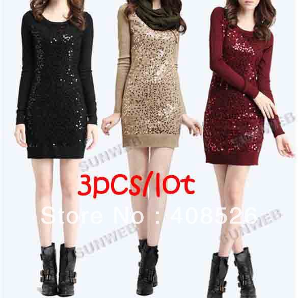 3Pcs/lot Free Shipping Cotton + Wool O Neck Long Sleeves Sequin knitted Long Sweater 3 Colors 9169