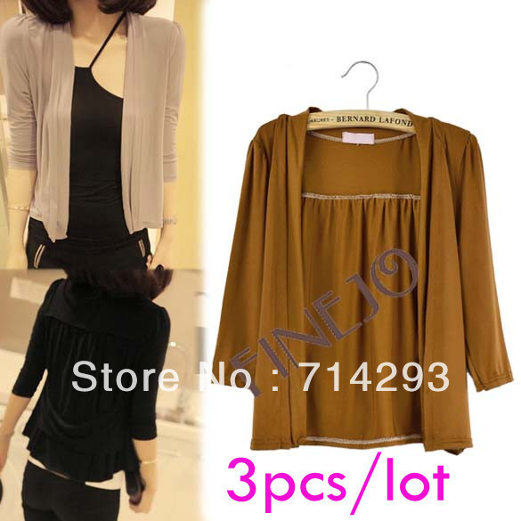 3pcs/lot Free shipping Fashion Korea Ladies Women's lovely Three Quarter Sleeve Short Cardigan Outerwear Tops 3 Color 7791