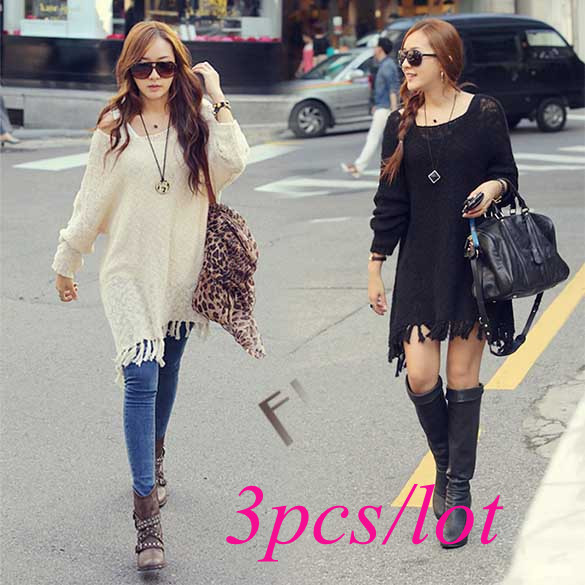 3pcs/lot Free Shipping Korean Women's Fringed Hem Loose Sweater Dress Long Knitting Tops Outerwear 10075