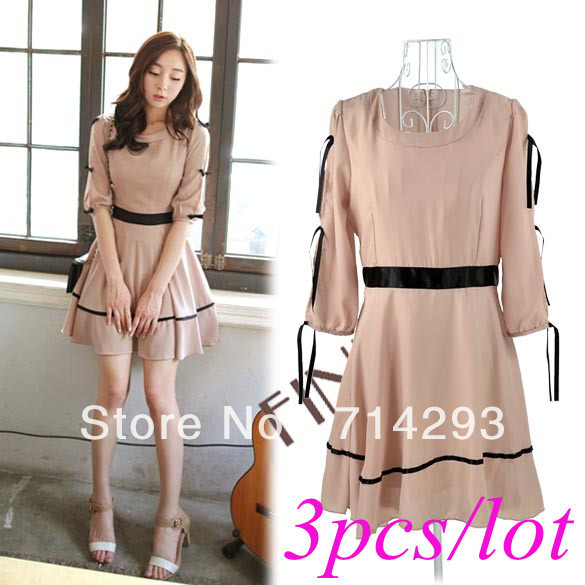 3pcs/lot Free Shipping New Fashion Women's O-neck +1/2 Sleeve +Chiffon Dress 8998