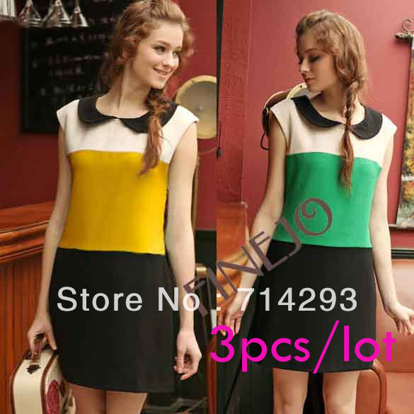 3PCS/LOT Free shipping New fashion Women's  Sleeveless Doll Collar Chiffon Tri-color One-piece Mini Dress 3885