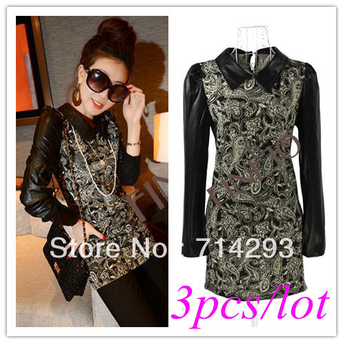 3pcs/lot Free shipping New Fashion Women's Turn-down Collar Lapel Slim Leather Splicing Long Sleeve Dress10224