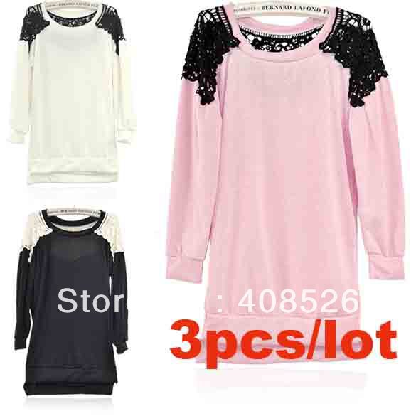 3PCS/LOT free shipping, Women's 2012 sweet lace patchwork o-neck long-sleeve loose sweater 8214