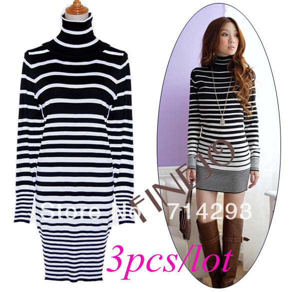 3pcs/lot Free shipping Women's Turtle-neck Strips Sweater Dress Render Pullover 8498