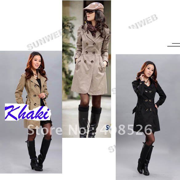 3pcs/lot hot sell long love Women's Double-breasted Coat Trench Outwear Black, Brown, Khaki 3375