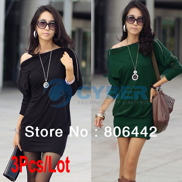 3Pcs/Lot Hot Women's Off-Shoulder Tops Shirt Zip Korea Batwing OL Long Sleeve Mini Dress 3Sizes Free Shipping 3492