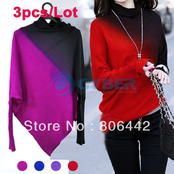 3pcs/Lot Korea Women's Ladies Irregular Bat-wing Long Sleeve Knitted Sweater Wear Casual Jumper Tops Free Shipping