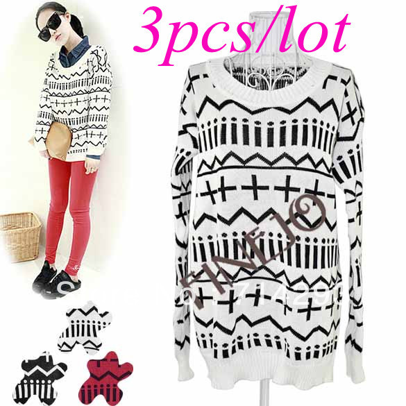 3pcs/lot New Fashionable Women's Sign Pattern Loose Long Sleeve Knitting Sweater Tops Blouse 3Colors free shipping 8093