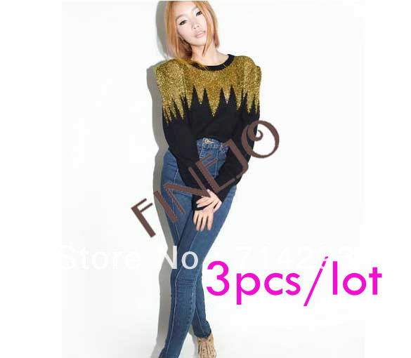 3pcs/lot New Women's Gold Thread Splicing Tops Sweater Vintage Style Free shipping 8433