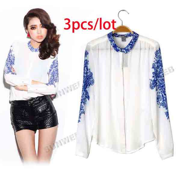 3pcs/lot New Women's Top Casual Blue And White Porcelain Chiffon Shirt Blouse Long Sleeve T-Shirt Free shipping 11115