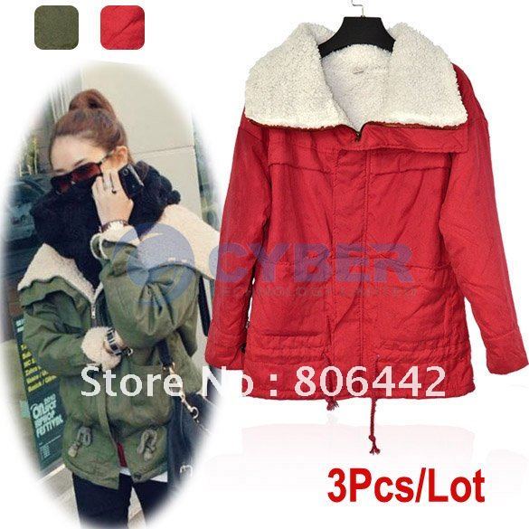 3Pcs/Lot New Women Winter Warm Fleece Zip Up Military Coat Jacket Outwear Trench Free Shipping