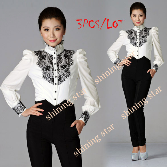 3PCS/LOT women's Blouse Puff Long Sleeve OL Blouses Tops Lace Lotus Leaf Cotton Blouse 4 SIZES 10029