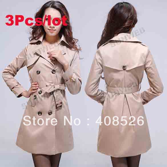 3pcs/lot Women's Lapel/ POPO Collar OL Double-Breasted Slim Long Trench Coat Outwear with belt Khaki drop shipping 9089