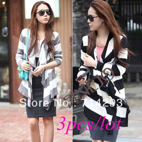 3pcs/lot Women's Loose Cardigan Stripe Outwear Long sleeve V-neck Top Blouse Thin Coat Free Shipping 9489