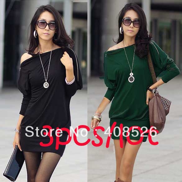 3pcs/lot Women's Off-Shoulder Shirt Zip Korea Batwing OL Long Sleeve Dress Black Green M,L,XL Free shipping 3492