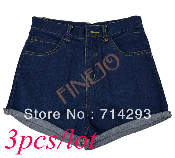 3pcs/lot Women's Retro High Waist Flange Blue Shorts Jean Denim Pants Hot S M L XL free shipping 7853