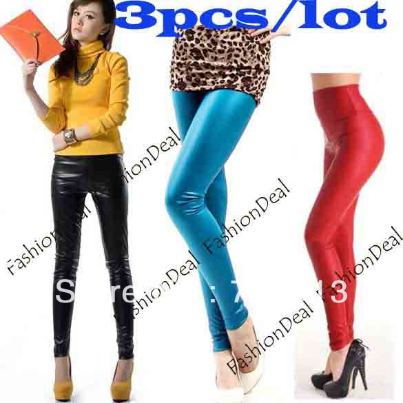 3pcs/lot Women's Shiny Metallic High Waist Stretchy Leather Leggings/Tights/Pants one size 3 colors Black free shipping 3828