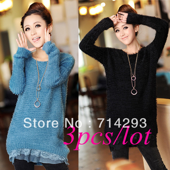 3pcs/lot Women's Sweet Lace Detail Hem Long Sleeve Knitted Sweater Top 4 Colors Free shipping 9102