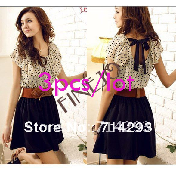 3pcs/lot Women Summer New Fashion Chiffon Dress Short-sleeve Dots Polka Waist Mini Beige+Black Free Shipping 2792