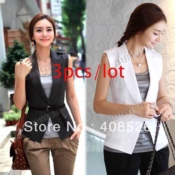 3Pcs/lot2012 Autumn New fashion Vintage Women Vest Jackets Coat Casual Suit Vests Blazer TopsGray/White Free shipping 7568