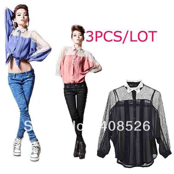 3PVS/LOT Fashion Ladies Women's Lace Long Sleeve Batwing Shirt Chiffon Blouse Top 3 Colors Free shipping 7742