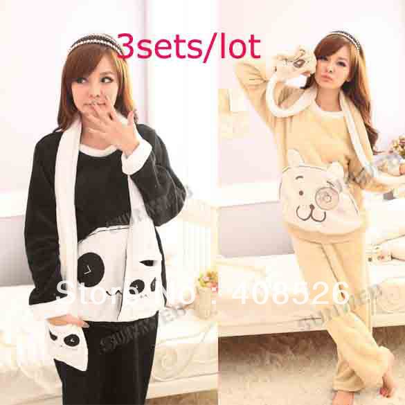 3sets/lot 2013 Drop shipping Women's sleepwear coral velvet pajamas cartoon long sleeve pajamas sets Black, Beige, Red