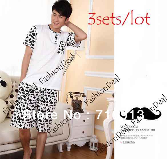 3sets/lot 2013 New Fashion Luxury Men's Cotton Short Sleeve Cow Pajamas Sleepwear Lover Sleepwear Free Shipping 11294_W