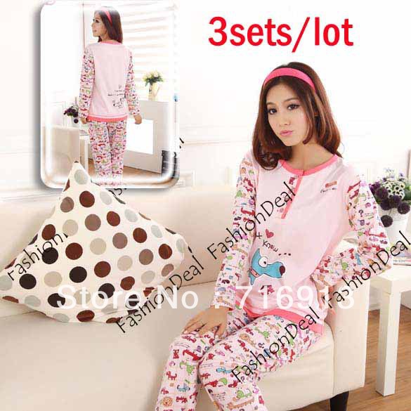 3sets/lot 2013 New Ladies Women's Cute Dog Long Sleeve Cotton Cartoon Pajamas Sleepwear Home Wear Free Shipping 11176