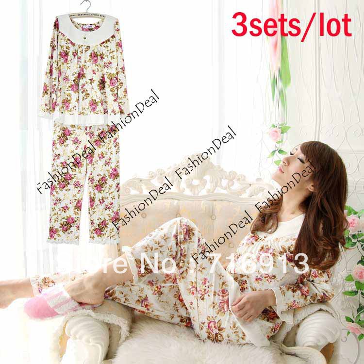 3sets/lot 2013 New Ladies Womens Cute Roses Cotton Long Sleeve Print Pajamas Sleepwear Home Wear Free Shipping 11171