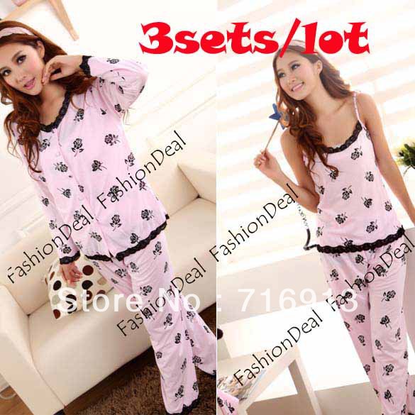 3sets/lot 2013 New Women V-neck Rose Floral Pattern Print Sleepwear Three-piece Clothes Pajama Set 3 Sizes Free Shipping 11098