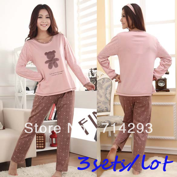 3sets/lot Free shipping New Women's Cotton Cartoon Bear/Dot Design Long Sleeve Pajamas Sleepwear cheap11177