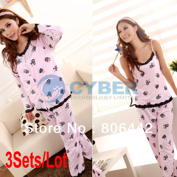 3Sets/Lot Hot Spring Sleepwear Women's Long-Sleeve Rose 3 Pieces Pajamas Set Sleepwear Sexy Princess 3 Sizes Free Shipping 11098