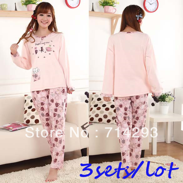 3sets/lot New Women's Cotton Cartoon Cat Pattern Long Sleeve Pajamas Sleepwear Sleep Clothes cheap Free shipping 11173