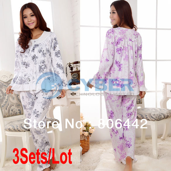 3Sets/Lot Spring Autumn Women Floral Pattern Long Sleeve Cotton Sleepwear Pajama Set Sleep Clothes 2 Sizes Free Shipping 11175