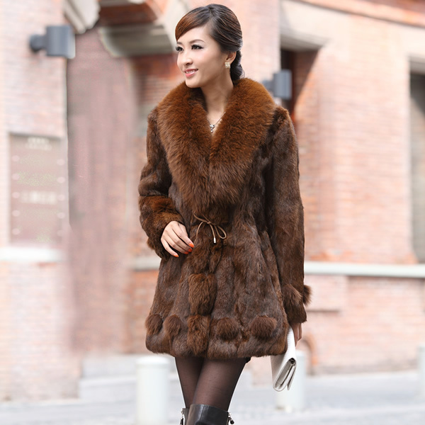 4 color Fur outerwear women full piece leather wild rabbit fur overcoat fox fur big neck collar s0901 brown soft fur winter coat