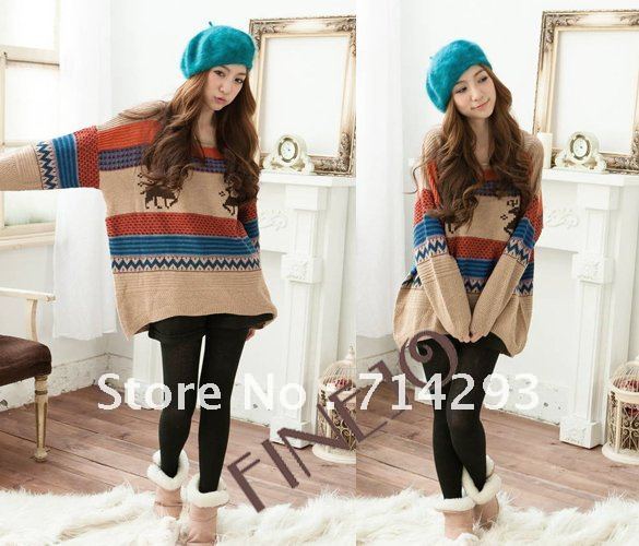 4 Colors free size Women's Loose Cardigan Sweaters Jumpers Top Deer Pattern Pullover Knitwearfree shipping 7563